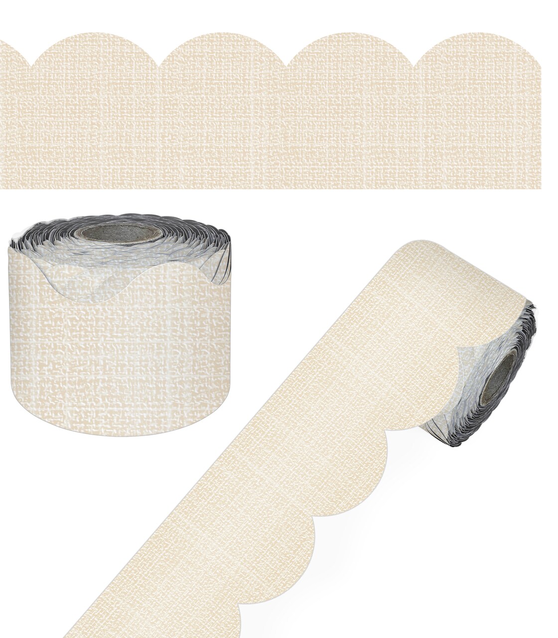 Carson Dellosa Farmhouse 65Ft of Tan Linen Bulletin Board Borders, 1 Roll of Scalloped Trim for Rolling Whiteboard, Cork and Posterboard, Party, Office Decorations, and Classroom Decor